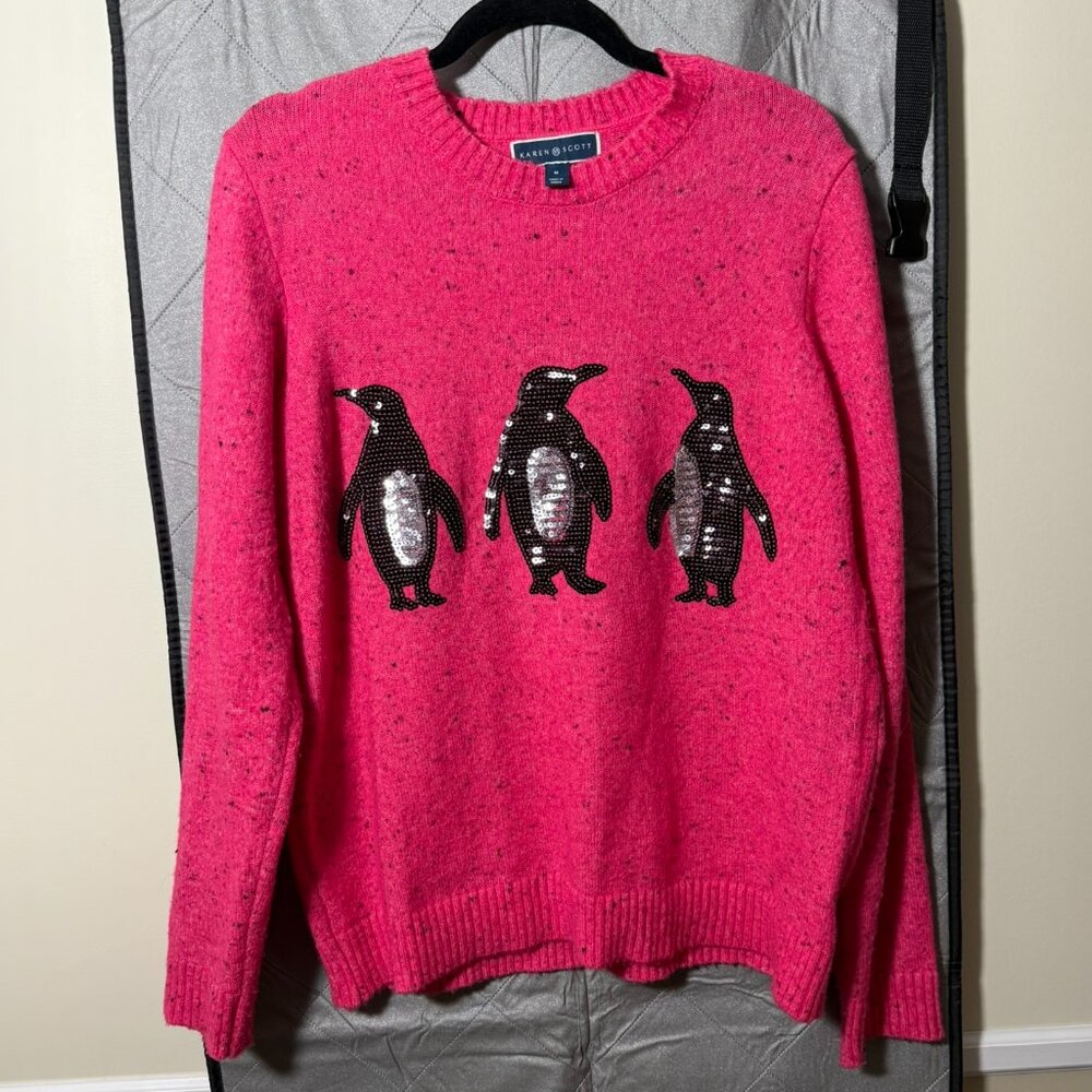 Karen Scott Fuchsia Penguin Sweater EUC